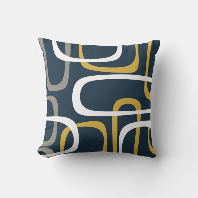 Mid-Century Modern Loops Pattern Navy Blue Mustard Cushion (Front)