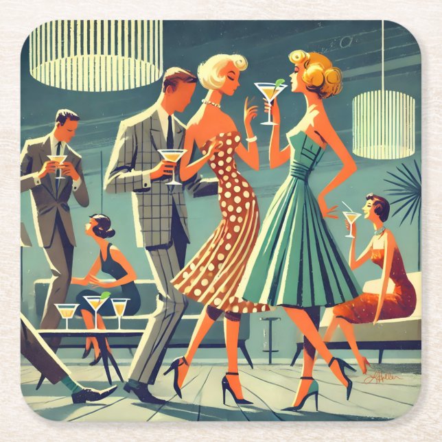 Mid Century Modern Martini Dance Cocktail Party Square Paper Coaster (Front)