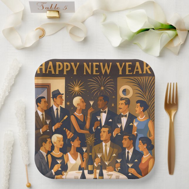 Mid Century Modern Martini Intellectuals New Year Paper Plate (Wedding)