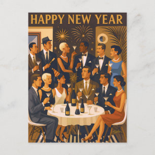 Mid Century Modern Martini Intellectuals New Year Postcard