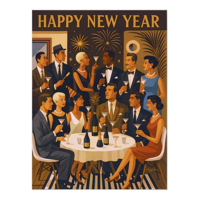 Mid Century Modern Martini Intellectuals New Year Poster (Front)