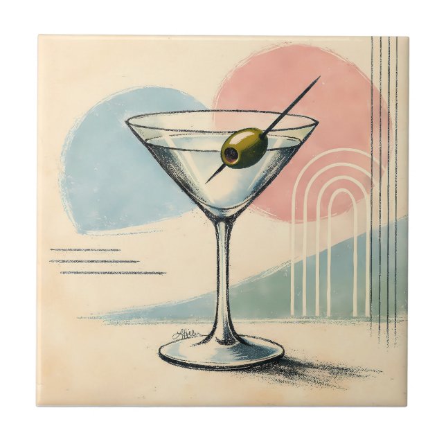 Mid Century Modern Martini Pastel Minimalist Art Ceramic Tile (Front)