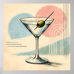 Mid Century Modern Martini Pastel Minimalist Art Poster