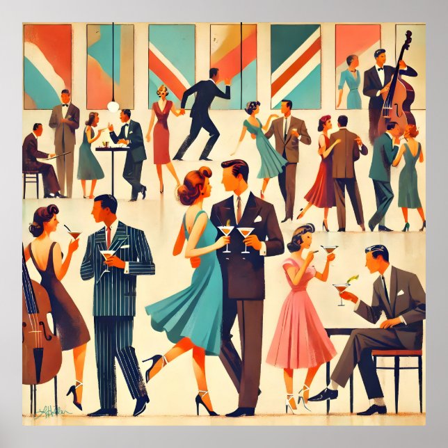 Mid Century Modern Martinis At The Club Poster (Front)