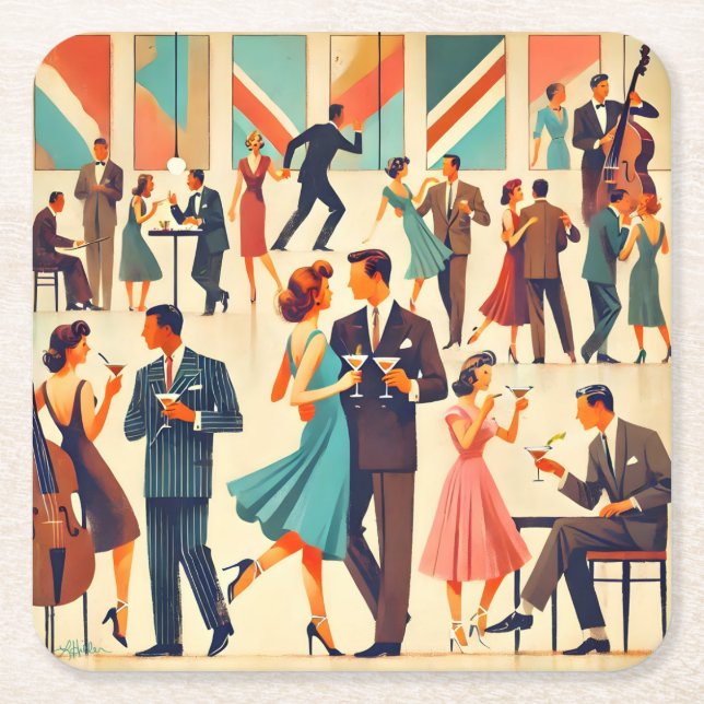 Mid Century Modern Martinis At The Club Square Paper Coaster (Front)