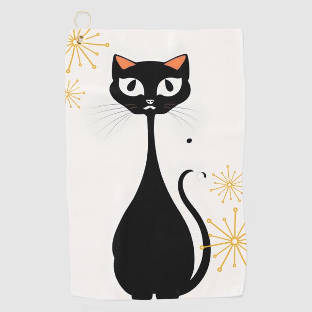 Mid Century Modern MCM Cool Black Cat Golf Towel (Front)