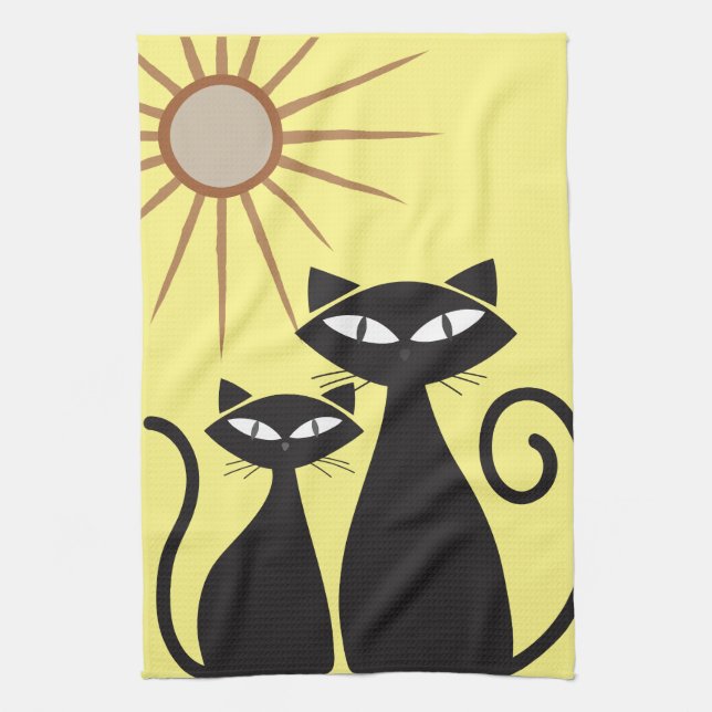 Mid Century Modern MCM Cool Black Cat  Tea Towel (Vertical)