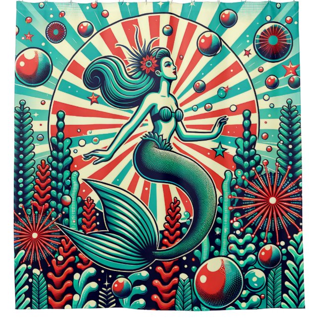 “Mid-Century Modern Mermaid - Vibrant Retro Art” Shower Curtain (Front)