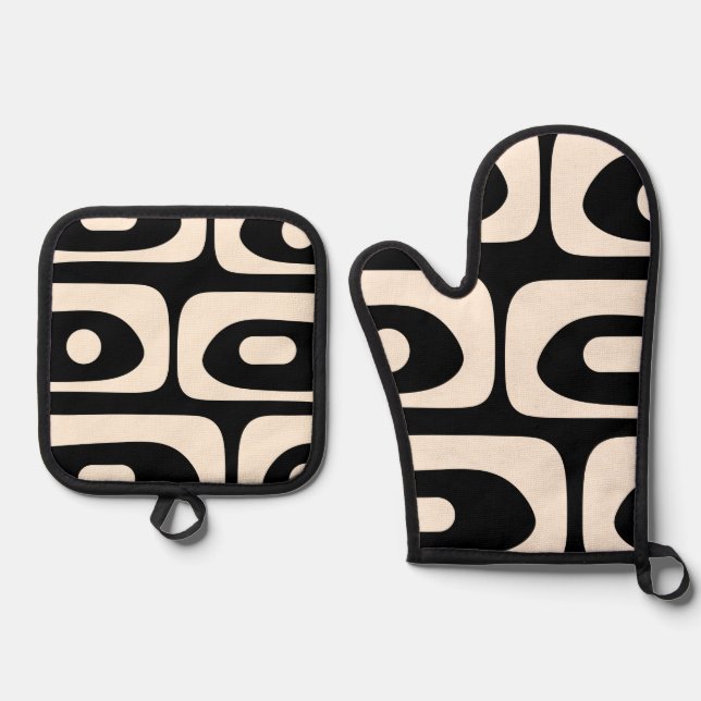 Mid Century Modern Minimalist Black Cream Piquet  Oven Mitt & Pot Holder Set (Front)