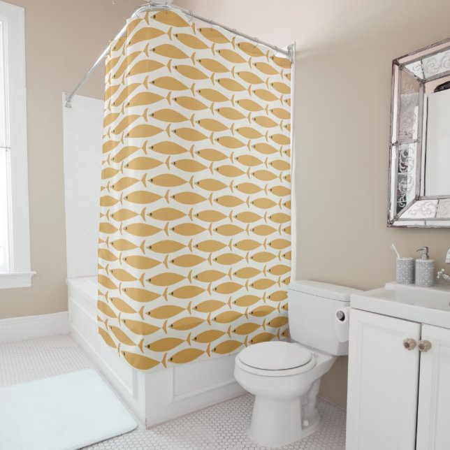 Mid Century Modern Minimalist Fish Pattern Mustard Shower Curtain (In Situ)