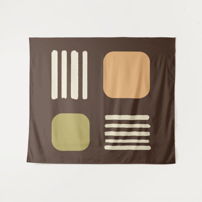 Mid Century Modern Minimalist Squares Lines Brown Tapestry (Front (Horizontal))