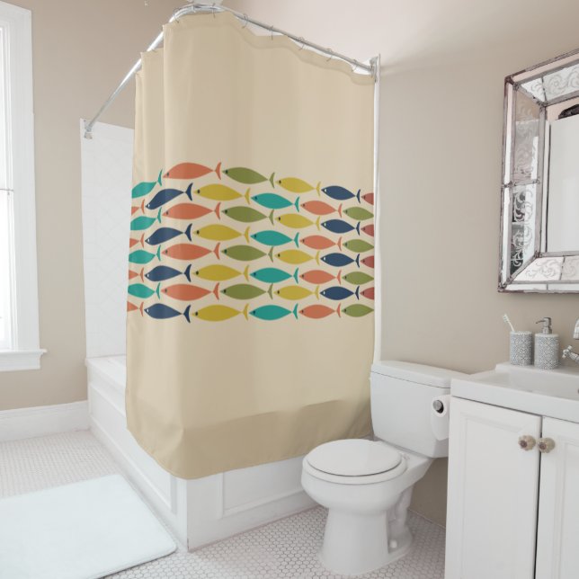 Mid Century Modern Multicolor Fish  Shower Curtain (In Situ)