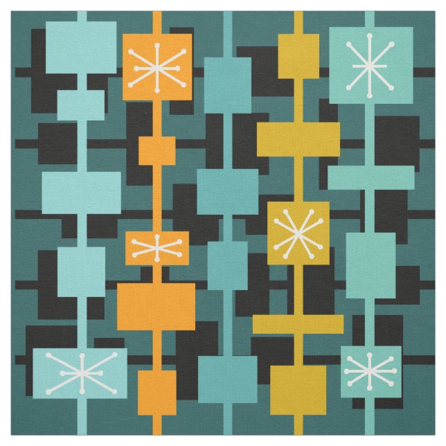 Mid Century Modern Multicolored Teal Fabric (Swatch)