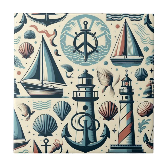 Mid Century Modern Nautical Ships Ceramic Tile (Front)