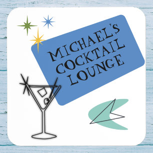 Mid Century Modern Neon Cocktail Lounge Name  Coaster