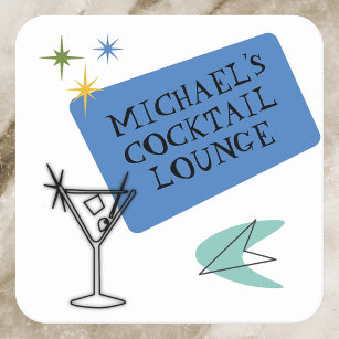 Mid Century Modern Neon Cocktail Lounge Name Square Paper Coaster
