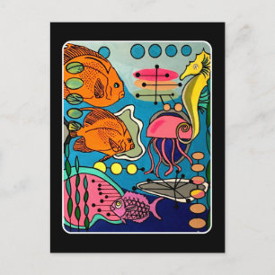 'Mid-Century Modern Ocean Aquatic' painting on a Postcard