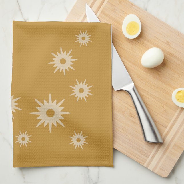 Mid-Century Modern Ochre Gold Starburst Design Tea Towel (Quarter Fold)