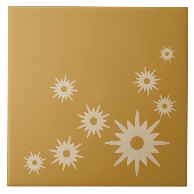 Mid-Century Modern Ochre Gold Starbursts Ceramic Tile (Front)