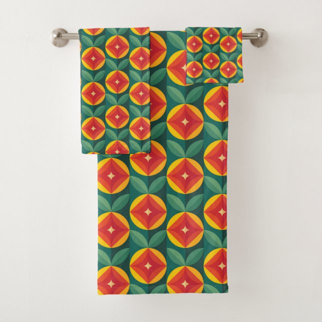 Mid Century Modern Orange Floral Pattern Bath Towel Set (Insitu)