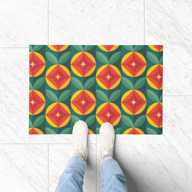 Mid Century Modern Orange Floral Pattern Doormat (Indoor)