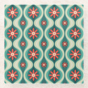 Mid-Century Modern: Orange Flowers Abstract Glass Coaster