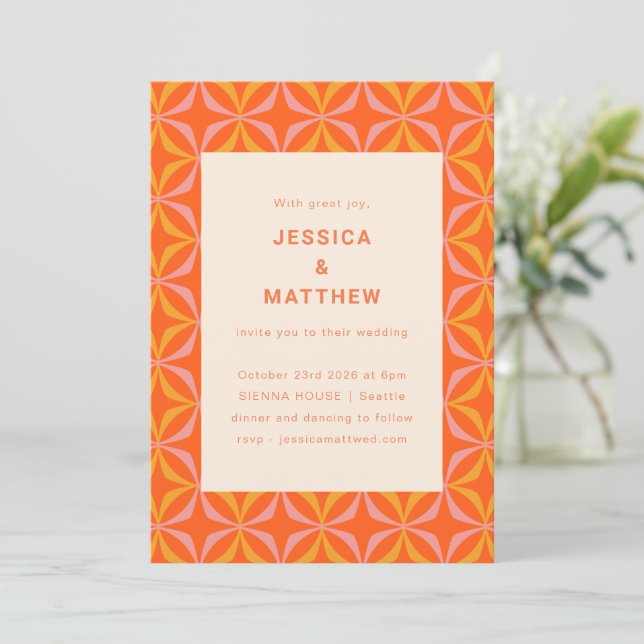 Mid Century Modern Orange Geometric Unique Wedding Invitation (Standing Front)