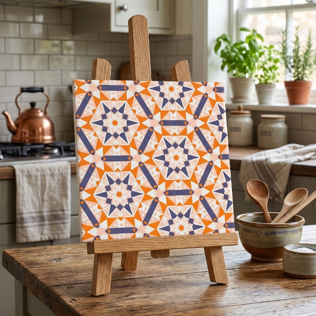 Mid Century Modern Orange Navy Blue Geometric Star Ceramic Tile (Creator Uploaded)