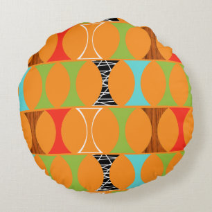 Mid Century Modern Orange Pattern Round Pillow