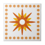 Mid-Century Modern Orange Starburst Design Ceramic Tile<br><div class="desc">Mid-century modern inspired design features a vintage retro starburst in shades of orange and yellow on a white background, framed by a border of smaller starbursts. Simple, clean modern seamless design. Create your own custom pattern by using the fields provided, or use the "message" button to contact the designer for...</div>