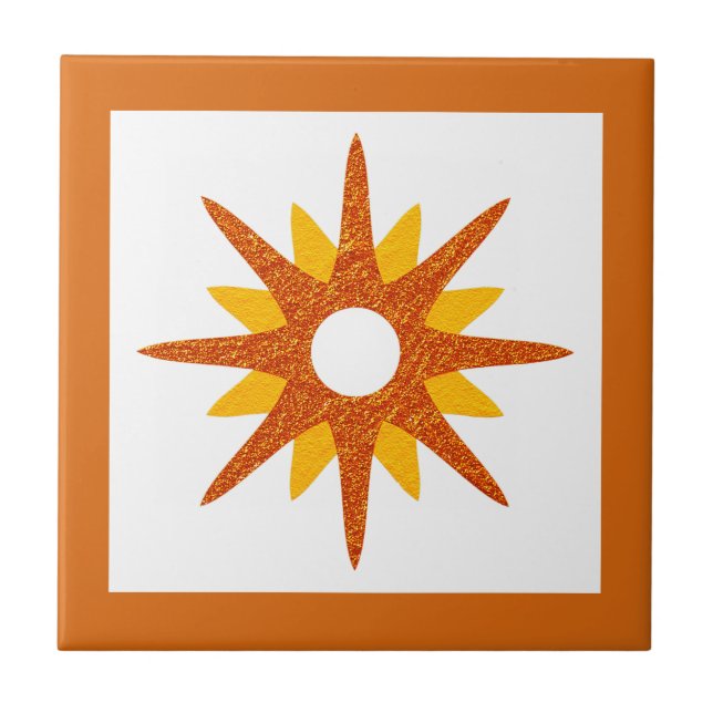 Mid-Century Modern Orange Starburst Design Ceramic Tile (Front)
