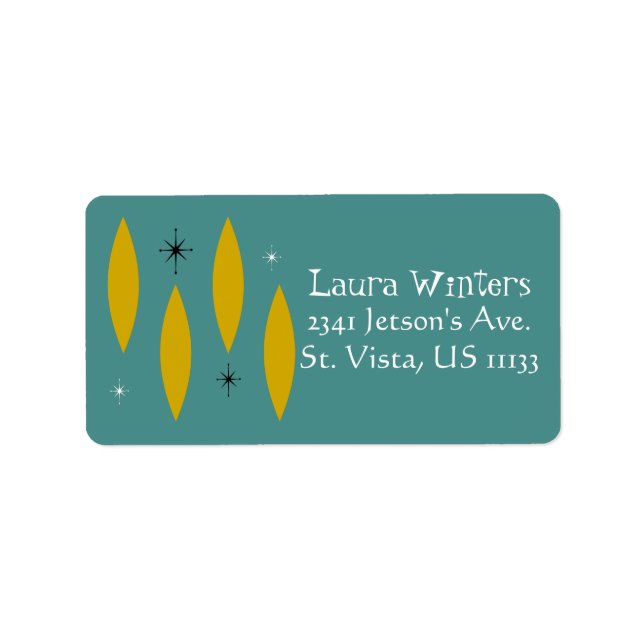 Mid Century Modern Ovals, Starbursts, Gold on Teal Label (Front)