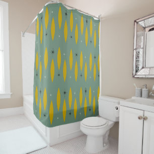Mid Century Modern Ovals, Starbursts, Gold on Teal Shower Curtain