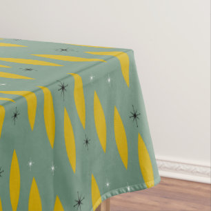 Mid Century Modern Ovals, Starbursts, Gold on Teal Tablecloth