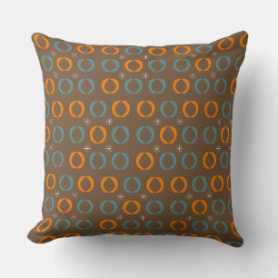 Mid Century Modern, Ovals, Stars Teal Orange Brown Cushion