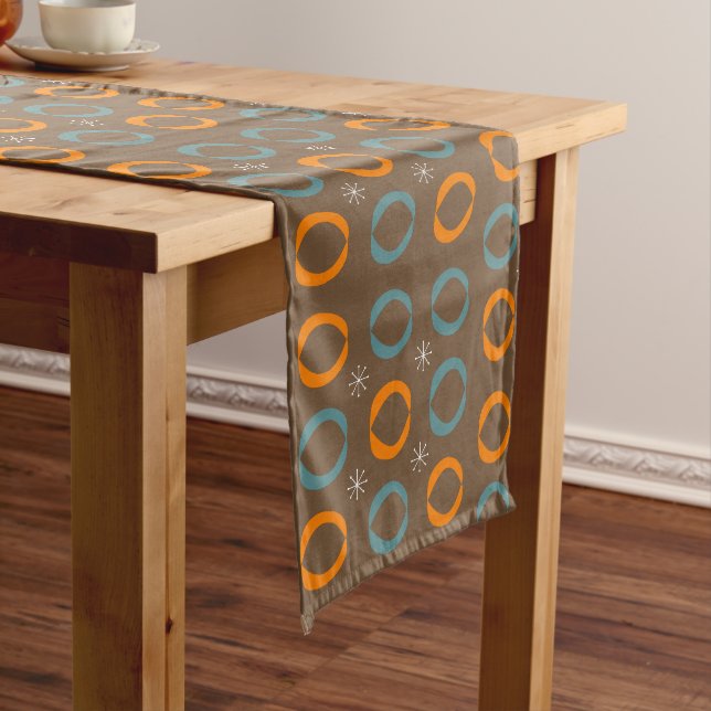 Mid Century Modern, Ovals, Stars Teal Orange Brown Long Table Runner (In Situ)