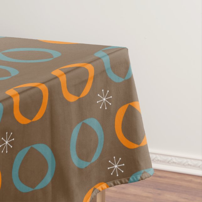 Mid Century Modern, Ovals, Stars Teal Orange Brown Tablecloth (In Situ)