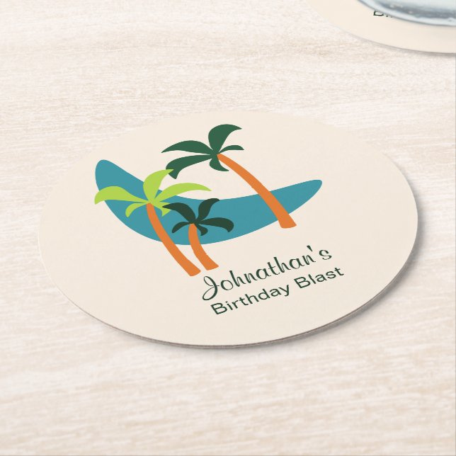 Mid Century Modern Palm Oasis Party Round Paper Coaster (Angled)