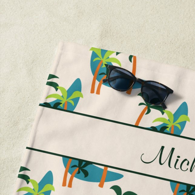 Mid Century Modern Palm Oasis Personalised Name Beach Towel (In Situ)