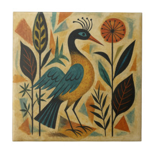 Mid‑Century Modern Peacock Bloom Ceramic Tile