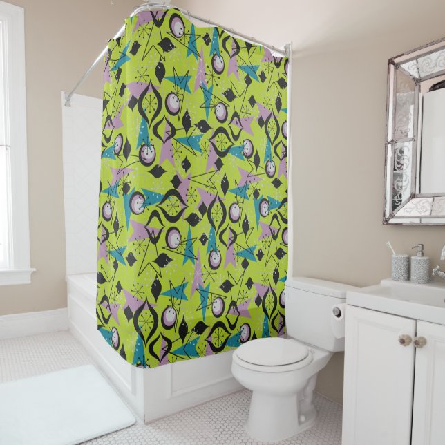 Mid-Century Modern | Peridot Aqua and Black Atomic Shower Curtain (In Situ)