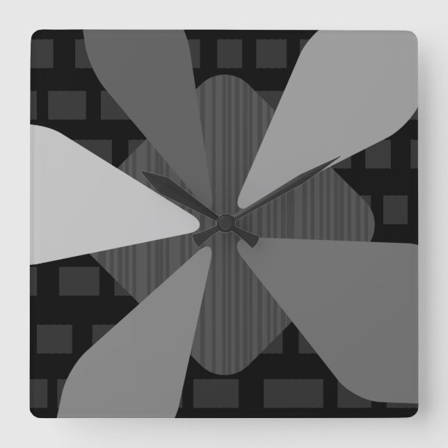 Mid Century Modern ‘Petals’ Art Black Grey Square Wall Clock (Front)