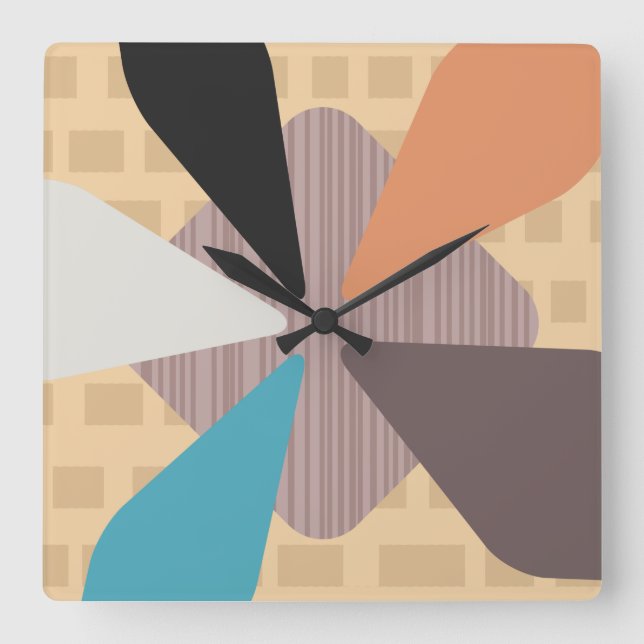 Mid Century Modern ‘Petals’ Art Colourful Square Wall Clock (Front)