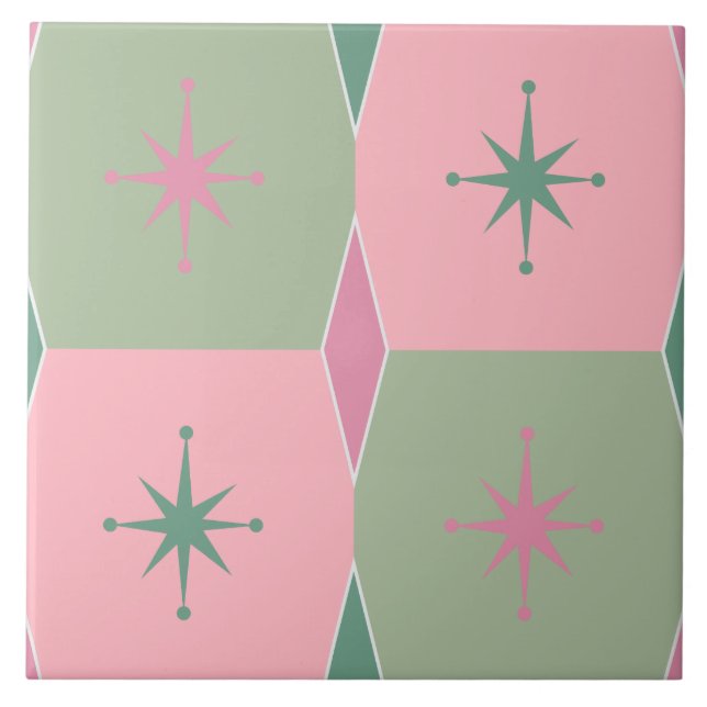 Mid-Century Modern Pink and Green Pattern Ceramic Tile (Front)
