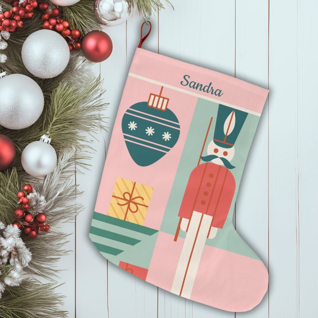 Mid-Century Modern Pink And Green Personalised Large Christmas Stocking (Mid-Century Modern Pink And Green Personalized Large Christmas Stocking)
