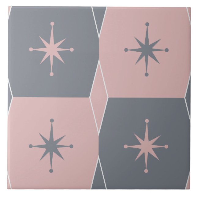 Mid-Century Modern Pink and Grey Seamless Pattern Ceramic Tile (Front)