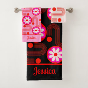 Mid Century Modern Pink Black Red Floral Name  Bath Towel Set