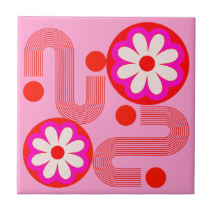 Mid Century Modern Pink Floral Abstract Retro Ceramic Tile