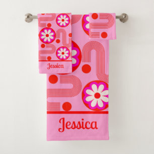 Mid Century Modern Pink Floral Pattern with Name Bath Towel Set