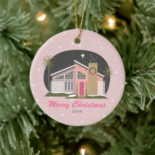 Mid Century Modern Pink House Christmas Ceramic Or Ornament
